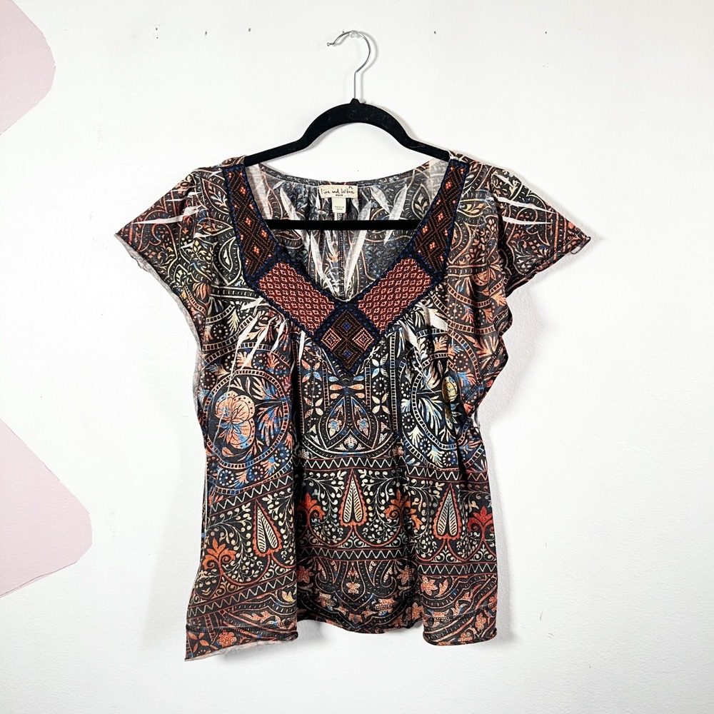 ONE WORLD Boho Paisley Blouse Top Women's Large Petite Peasant Embellished